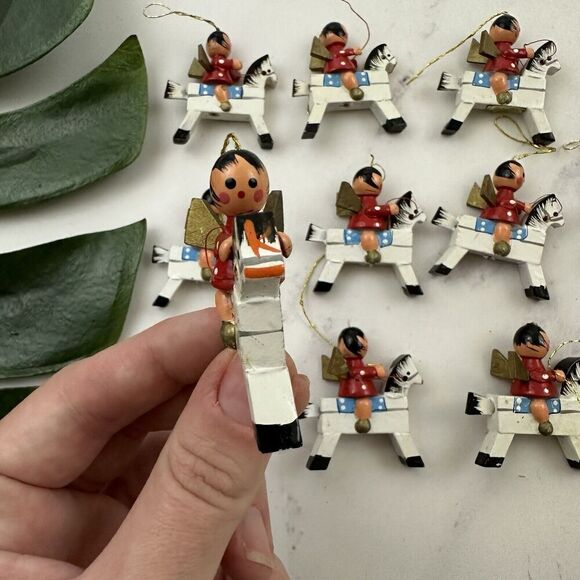 Vintage Wood Mini Christmas Tree Ornament Set of 11 White Horses Angels - Picture 6 of 7